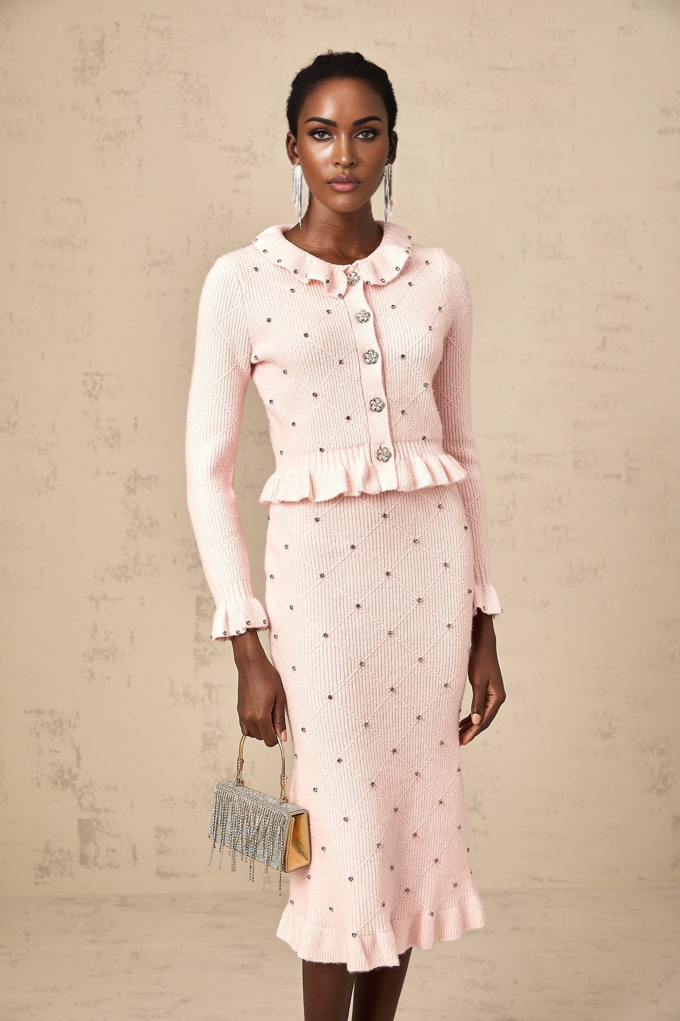 Agnese Cardigan & Skirt - Ribbed Knit Design - Argyle Check Pattern - Ruffled Trim - Pleated Accents