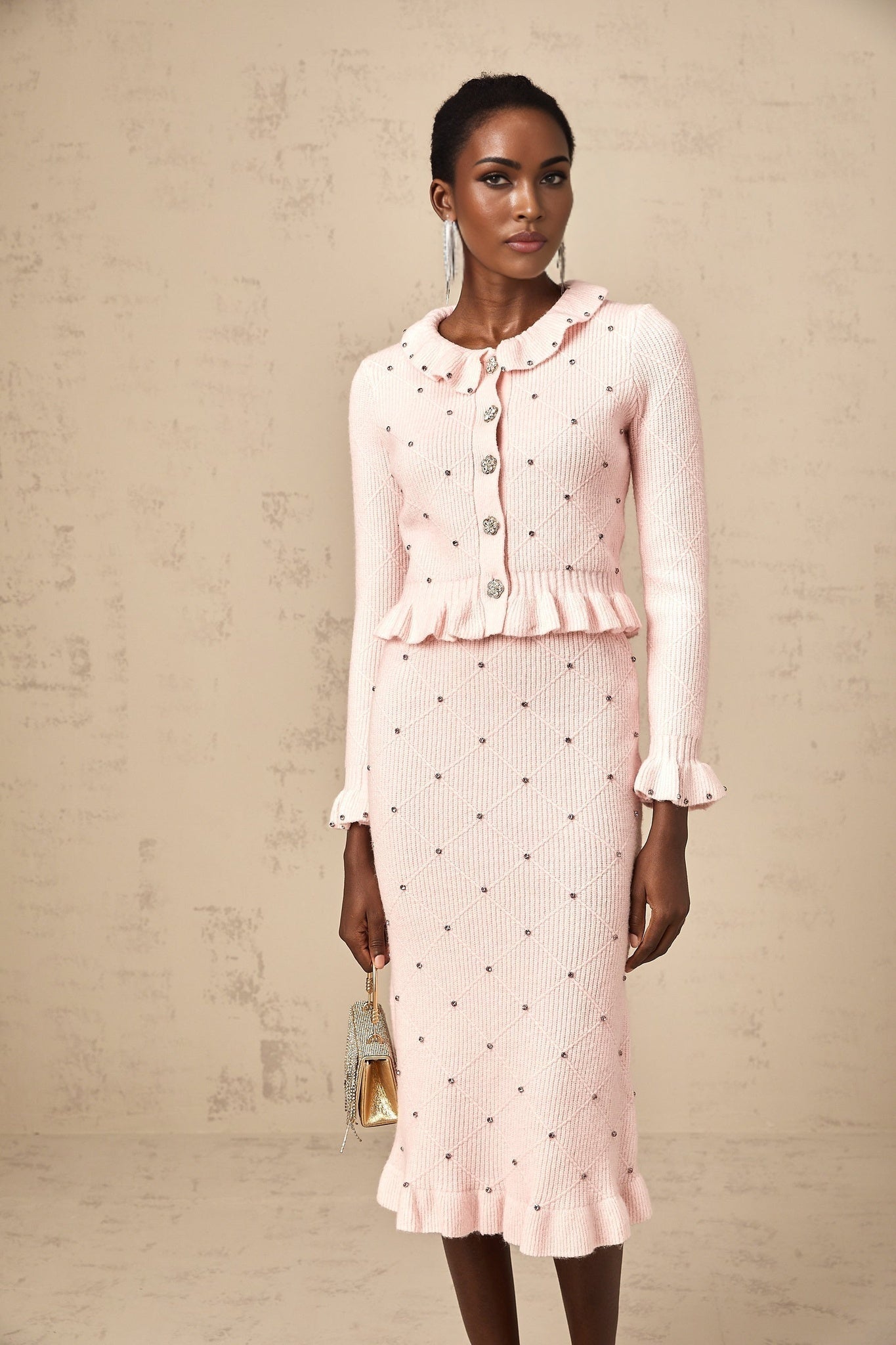 Agnese Cardigan & Skirt - Ribbed Knit Design - Argyle Check Pattern - Ruffled Trim - Pleated Accents