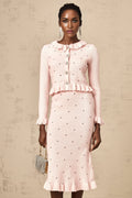 Agnese Cardigan & Skirt - Ribbed Knit Design - Argyle Check Pattern - Ruffled Trim - Pleated Accents