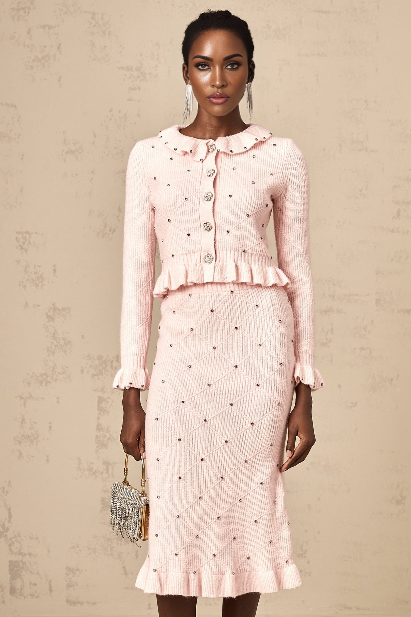 Agnese Cardigan & Skirt - Ribbed Knit Design - Argyle Check Pattern - Ruffled Trim - Pleated Accents