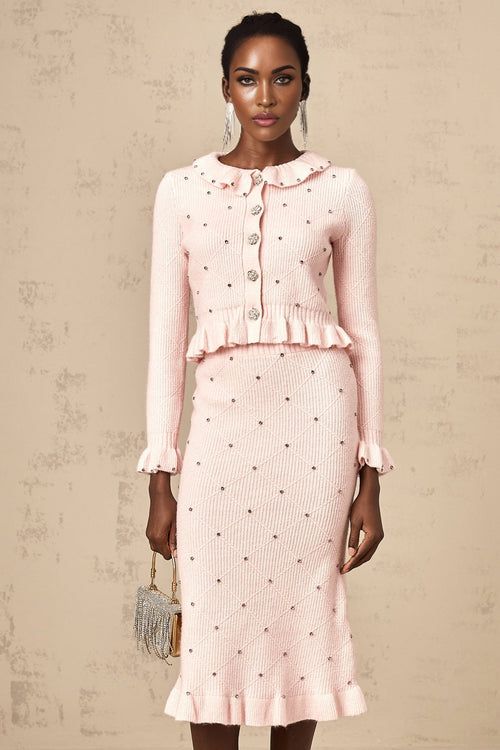 Agnese Cardigan & Skirt - Ribbed Knit Design - Argyle Check Pattern - Ruffled Trim - Pleated Accents