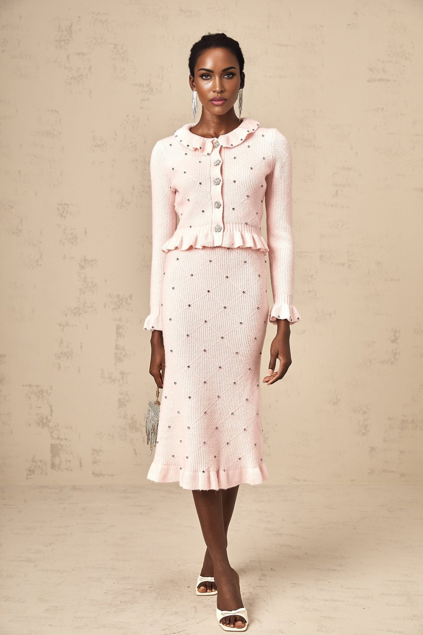 Agnese Cardigan & Skirt - Ribbed Knit Design - Argyle Check Pattern - Ruffled Trim - Pleated Accents