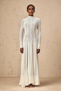 Agnese Maxi Dress - Crew Neck - Long Sleeves - Lace Overlay - Wavy Pattern with Pleated Detailing