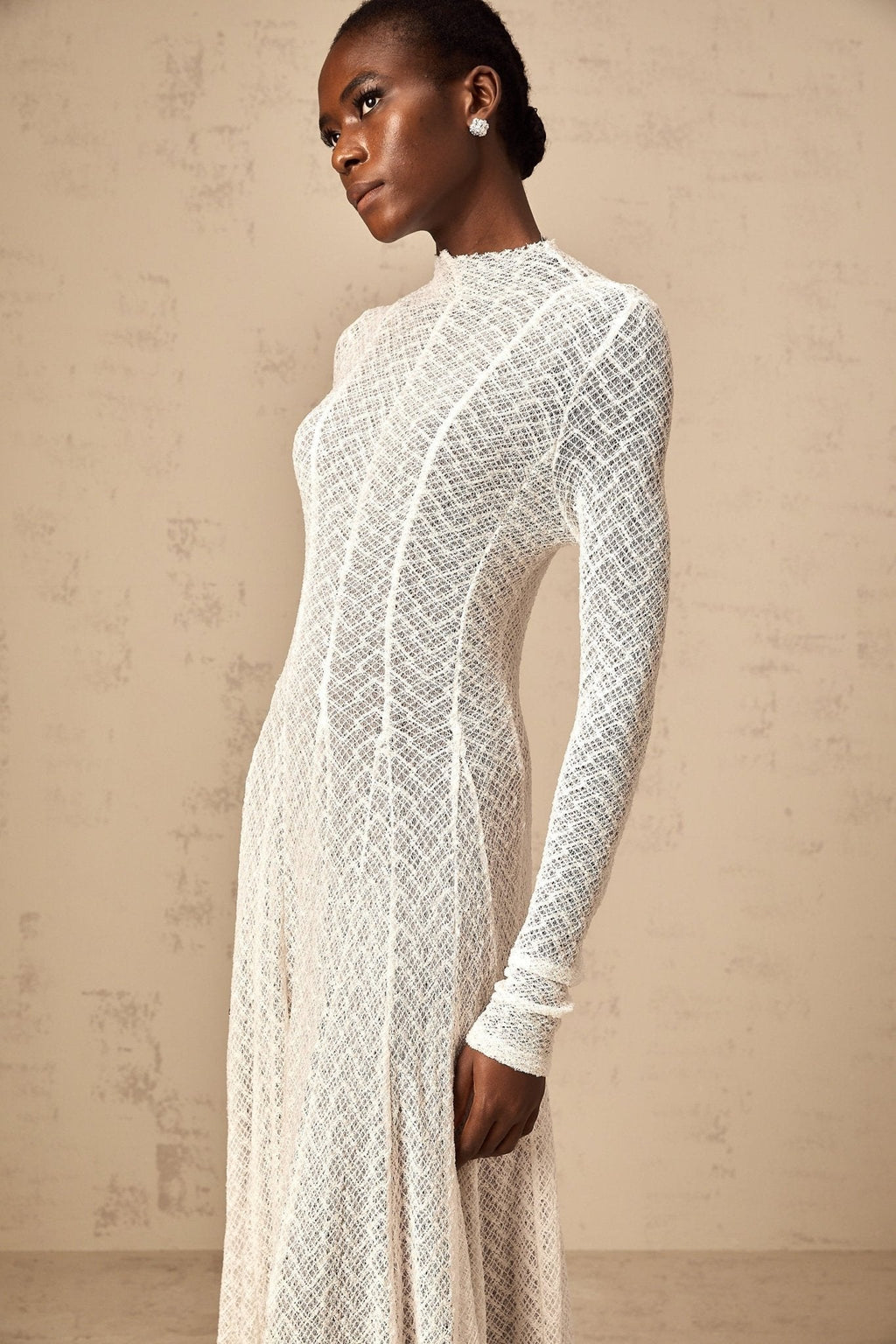 Agnese Maxi Dress - Crew Neck - Long Sleeves - Lace Overlay - Wavy Pattern with Pleated Detailing