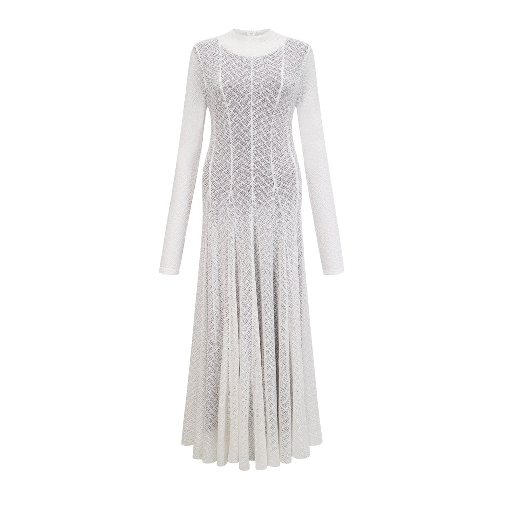 Agnese Maxi Dress - Crew Neck - Long Sleeves - Lace Overlay - Wavy Pattern with Pleated Detailing