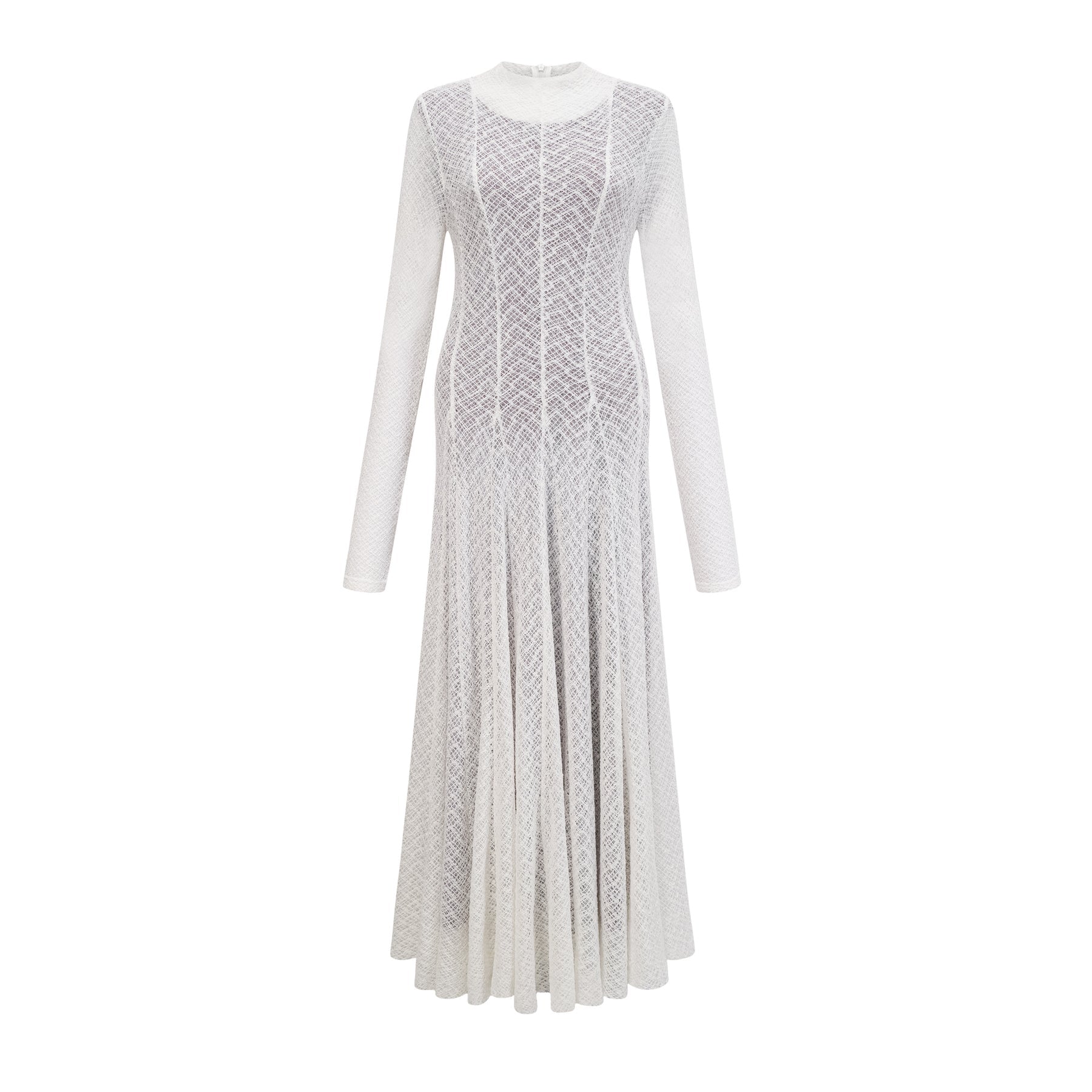 Agnese Maxi Dress - Crew Neck - Long Sleeves - Lace Overlay - Wavy Pattern with Pleated Detailing