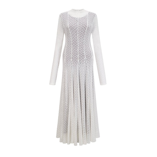Agnese Maxi Dress - Crew Neck - Long Sleeves - Lace Overlay - Wavy Pattern with Pleated Detailing