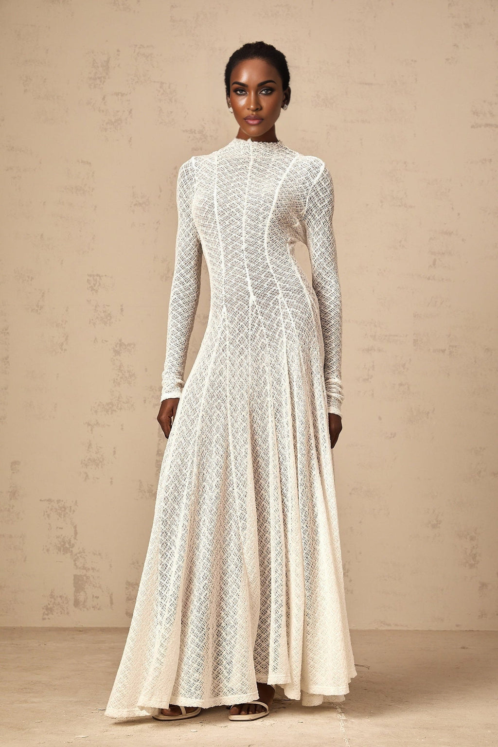 Agnese Maxi Dress - Crew Neck - Long Sleeves - Lace Overlay - Wavy Pattern with Pleated Detailing