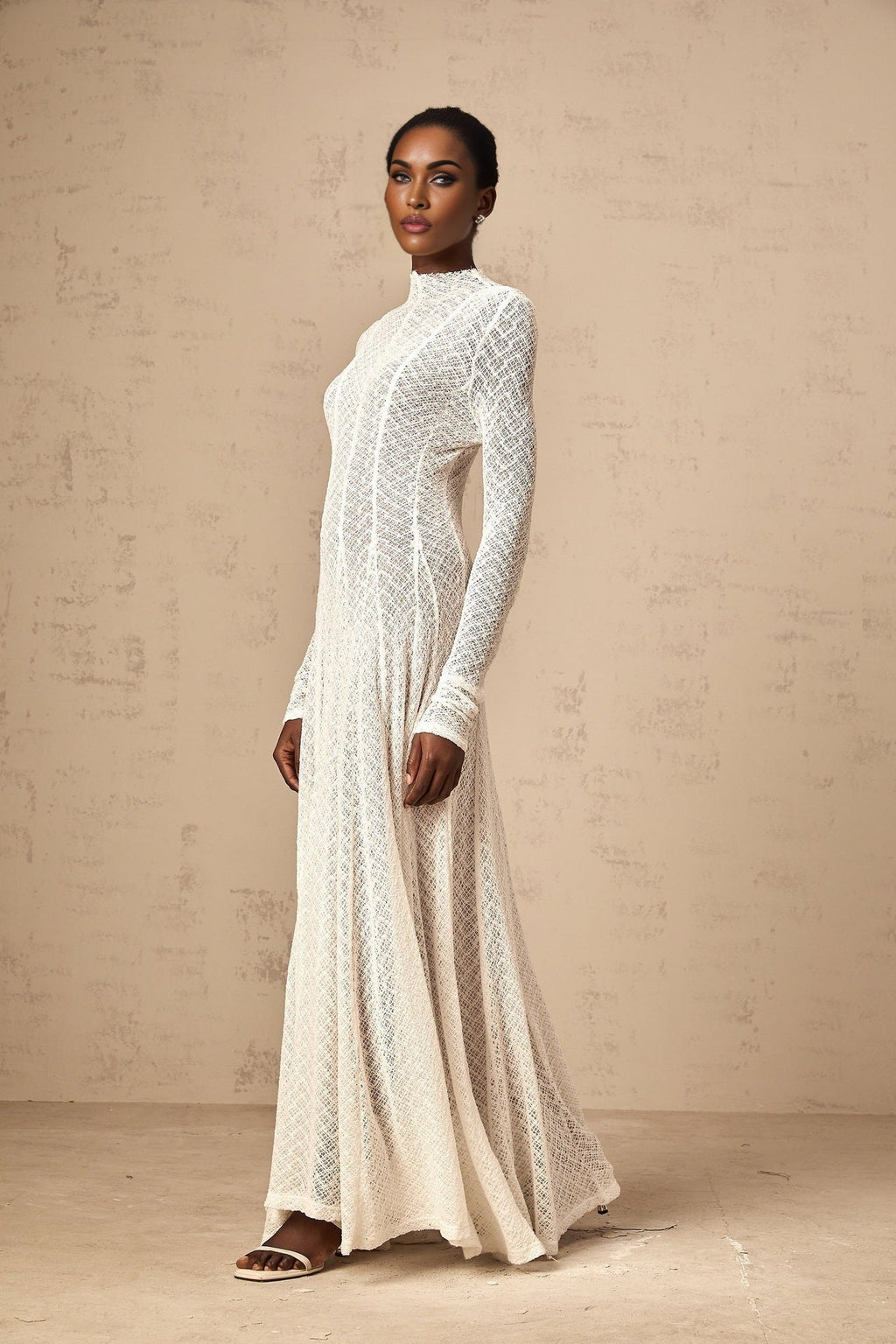 Agnese Maxi Dress - Crew Neck - Long Sleeves - Lace Overlay - Wavy Pattern with Pleated Detailing