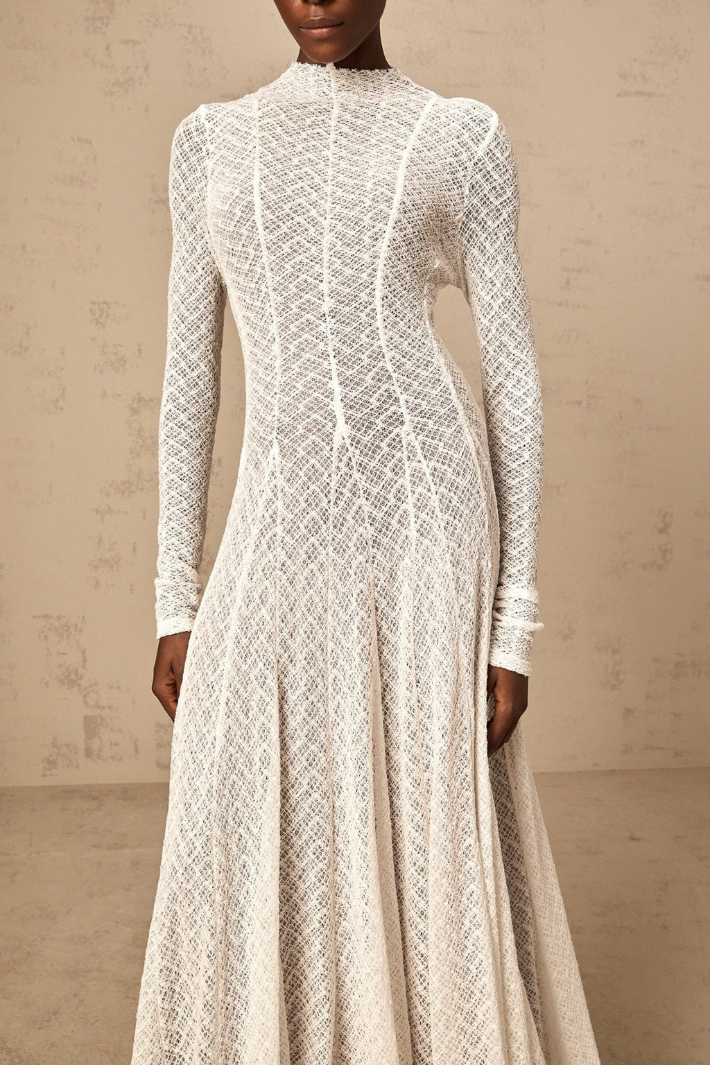 Agnese Maxi Dress - Crew Neck - Long Sleeves - Lace Overlay - Wavy Pattern with Pleated Detailing