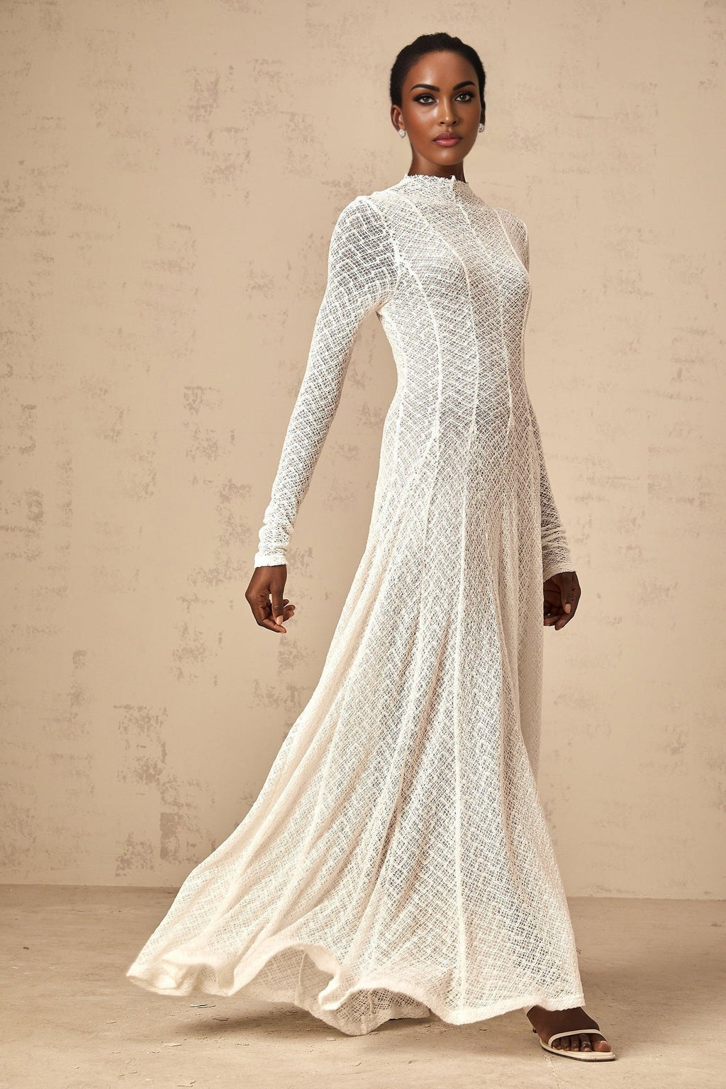 Agnese Maxi Dress - Crew Neck - Long Sleeves - Lace Overlay - Wavy Pattern with Pleated Detailing