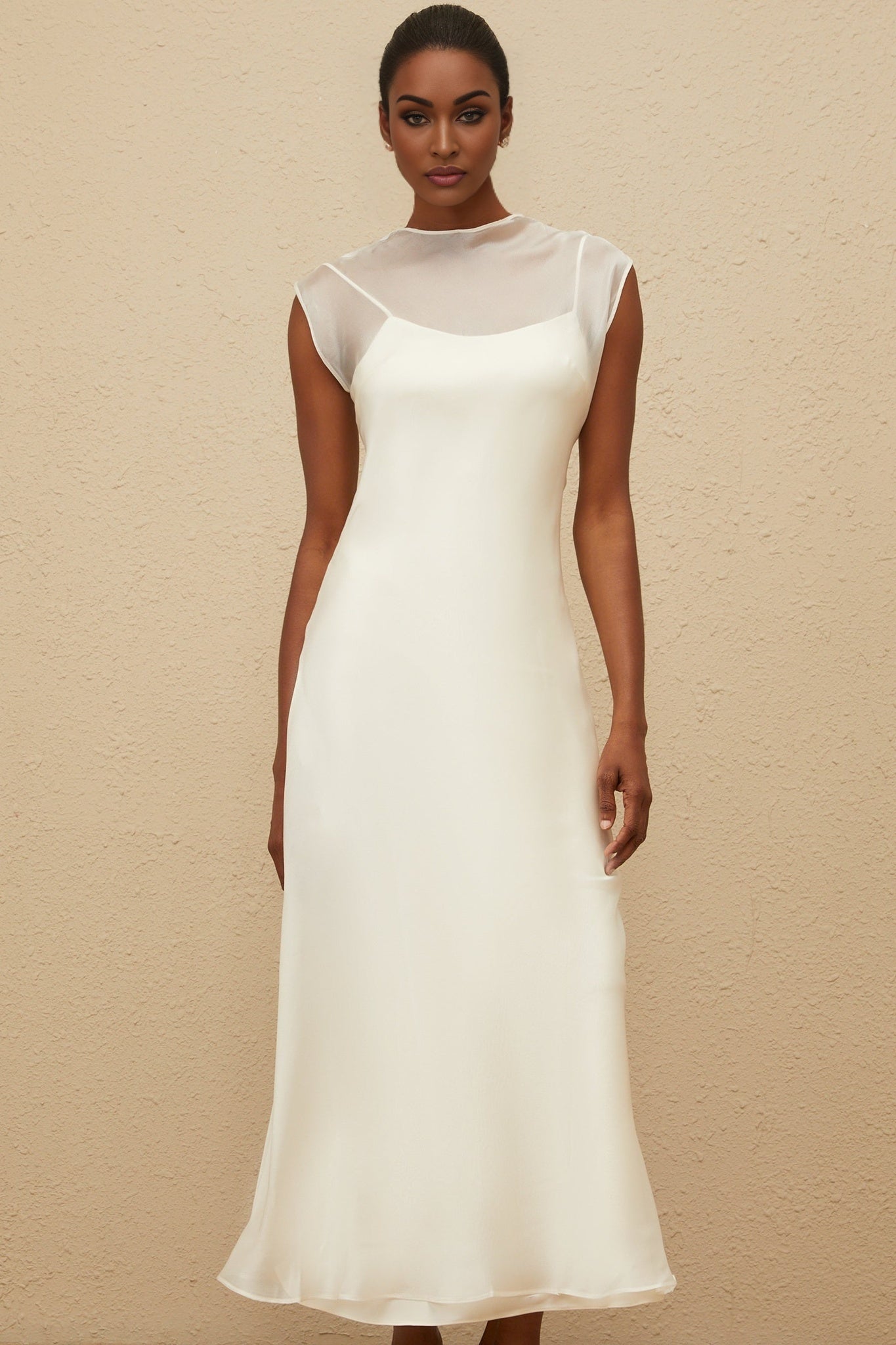 Agnese Maxi Dress - White Sheer Shoulder Design Floor - Length Flared Hem