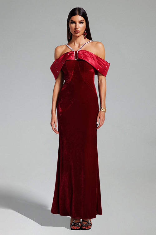 Agnese Red Velvet Maxi Dress with Beaded Embellishments