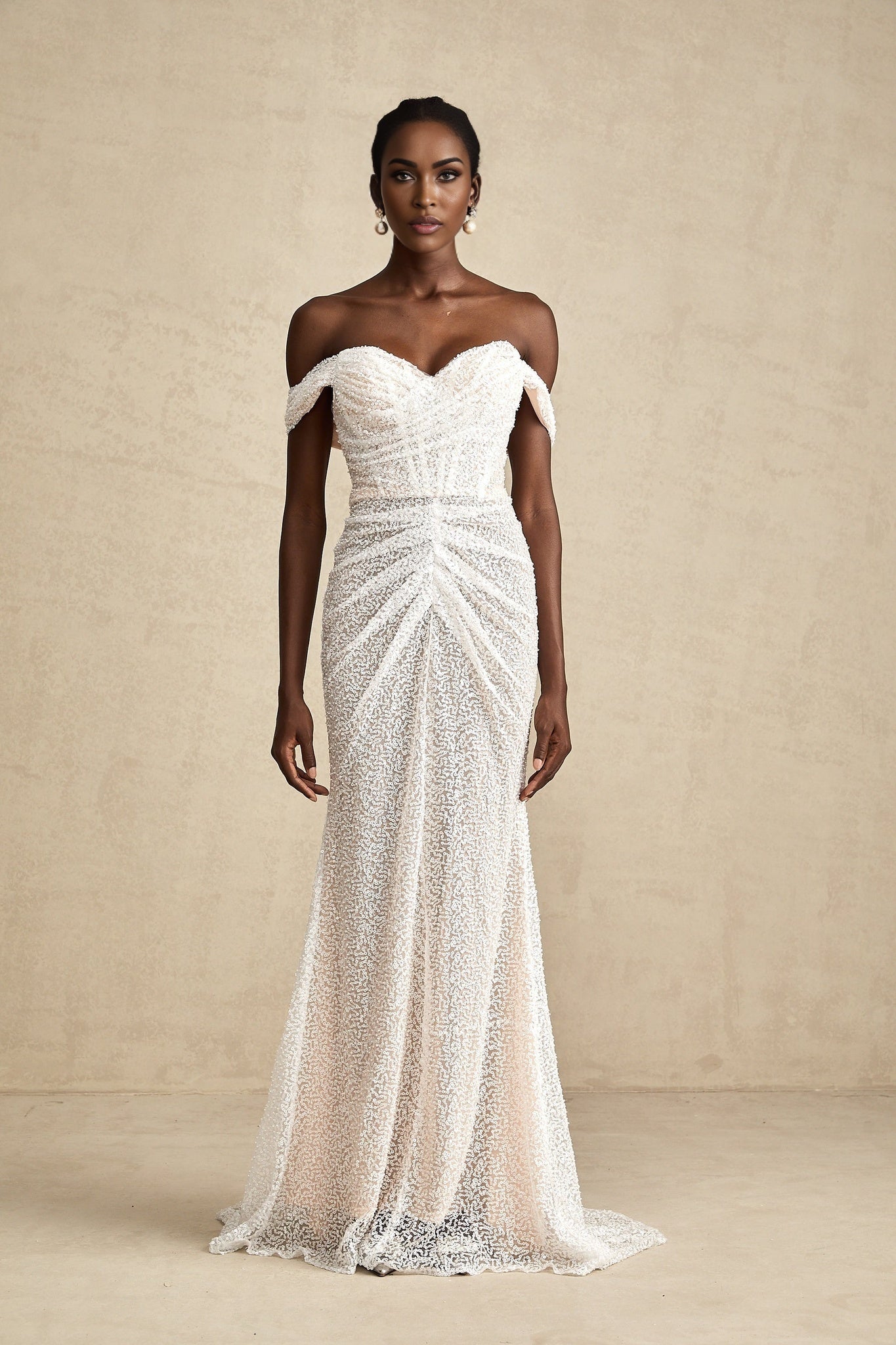 Agnolina Maxi Dress - Off - Shoulder Design - Corset Style - Sequin Embellishment - Ruched Detailing