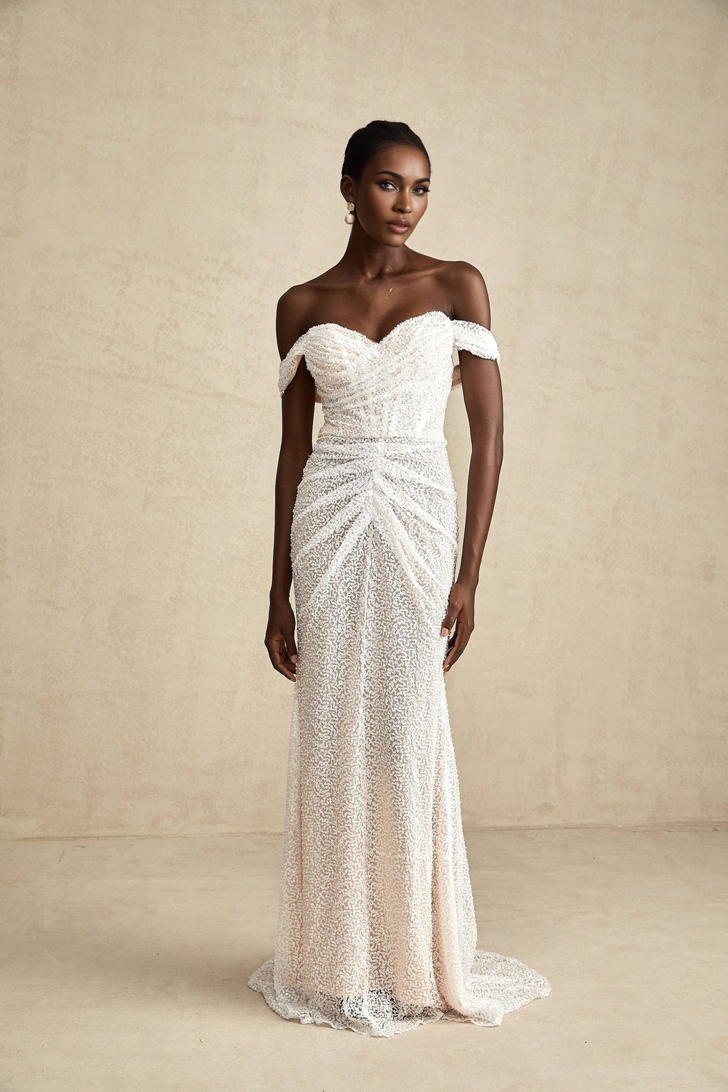 Agnolina Maxi Dress - Off - Shoulder Design - Corset Style - Sequin Embellishment - Ruched Detailing