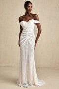 Agnolina Maxi Dress - Off - Shoulder Design - Corset Style - Sequin Embellishment - Ruched Detailing