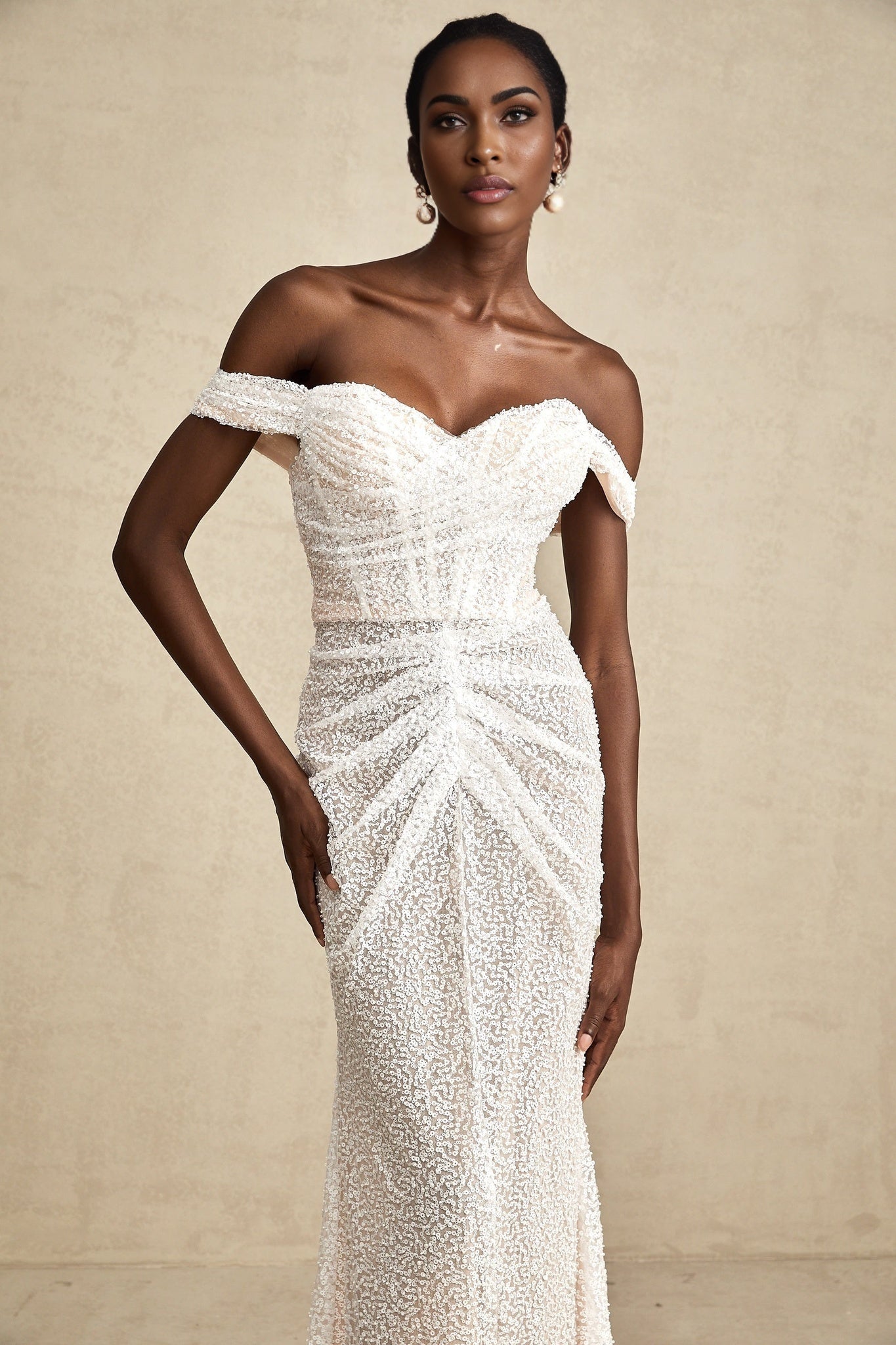 Agnolina Maxi Dress - Off - Shoulder Design - Corset Style - Sequin Embellishment - Ruched Detailing