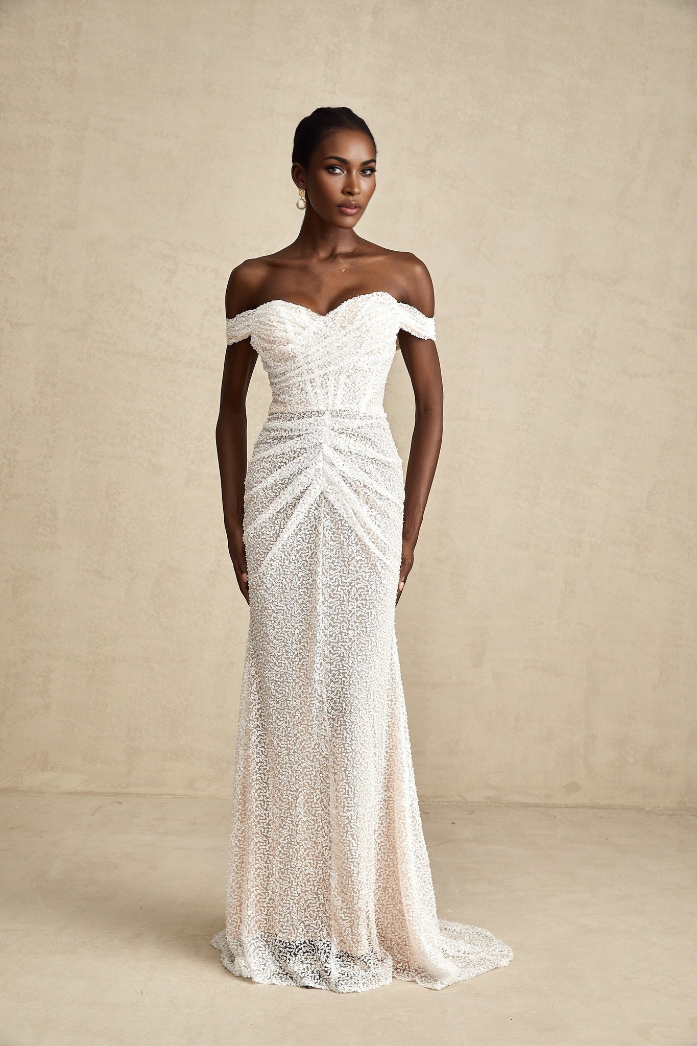 Agnolina Maxi Dress - Off - Shoulder Design - Corset Style - Sequin Embellishment - Ruched Detailing