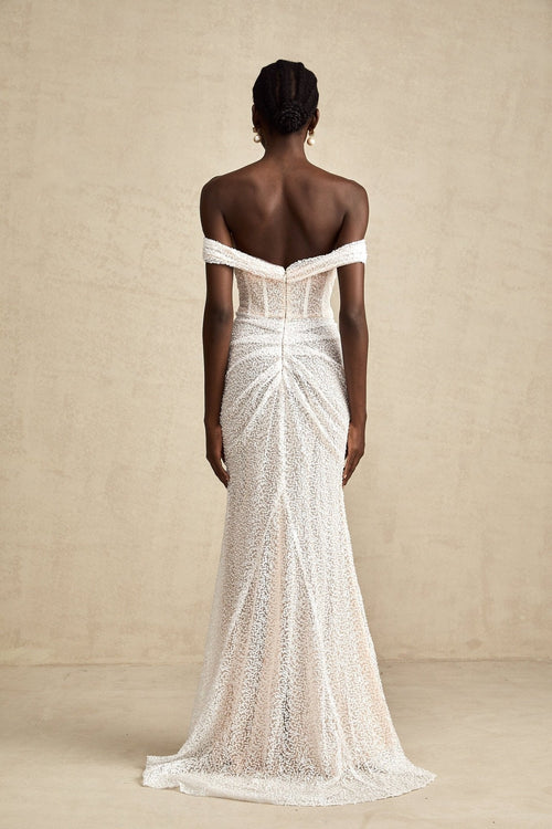 Agnolina Maxi Dress - Off - Shoulder Design - Corset Style - Sequin Embellishment - Ruched Detailing