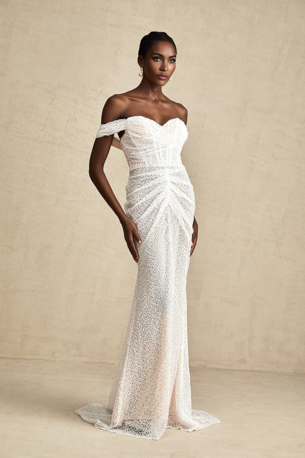 Agnolina Maxi Dress - Off - Shoulder Design - Corset Style - Sequin Embellishment - Ruched Detailing