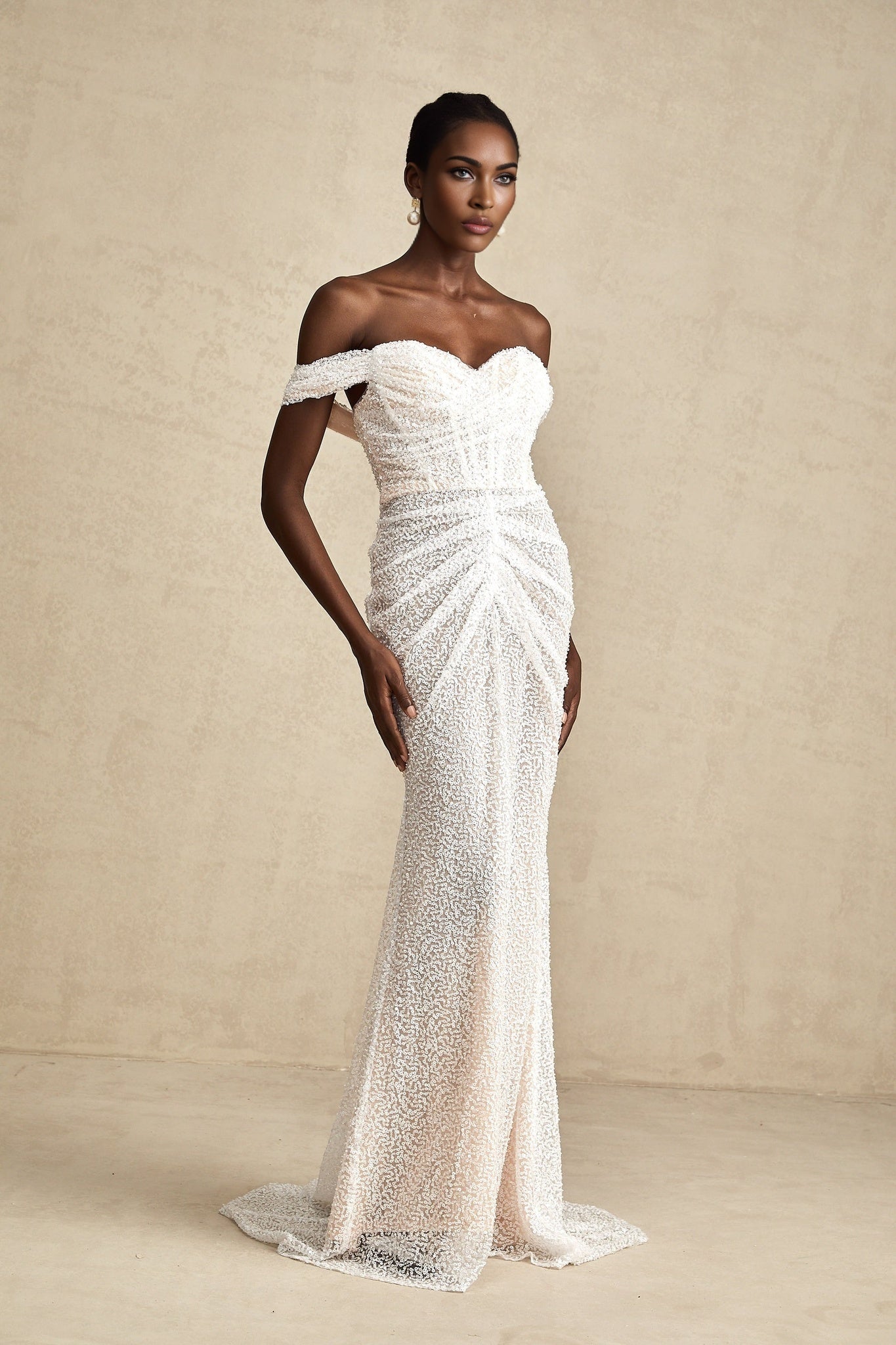 Agnolina Maxi Dress - Off - Shoulder Design - Corset Style - Sequin Embellishment - Ruched Detailing