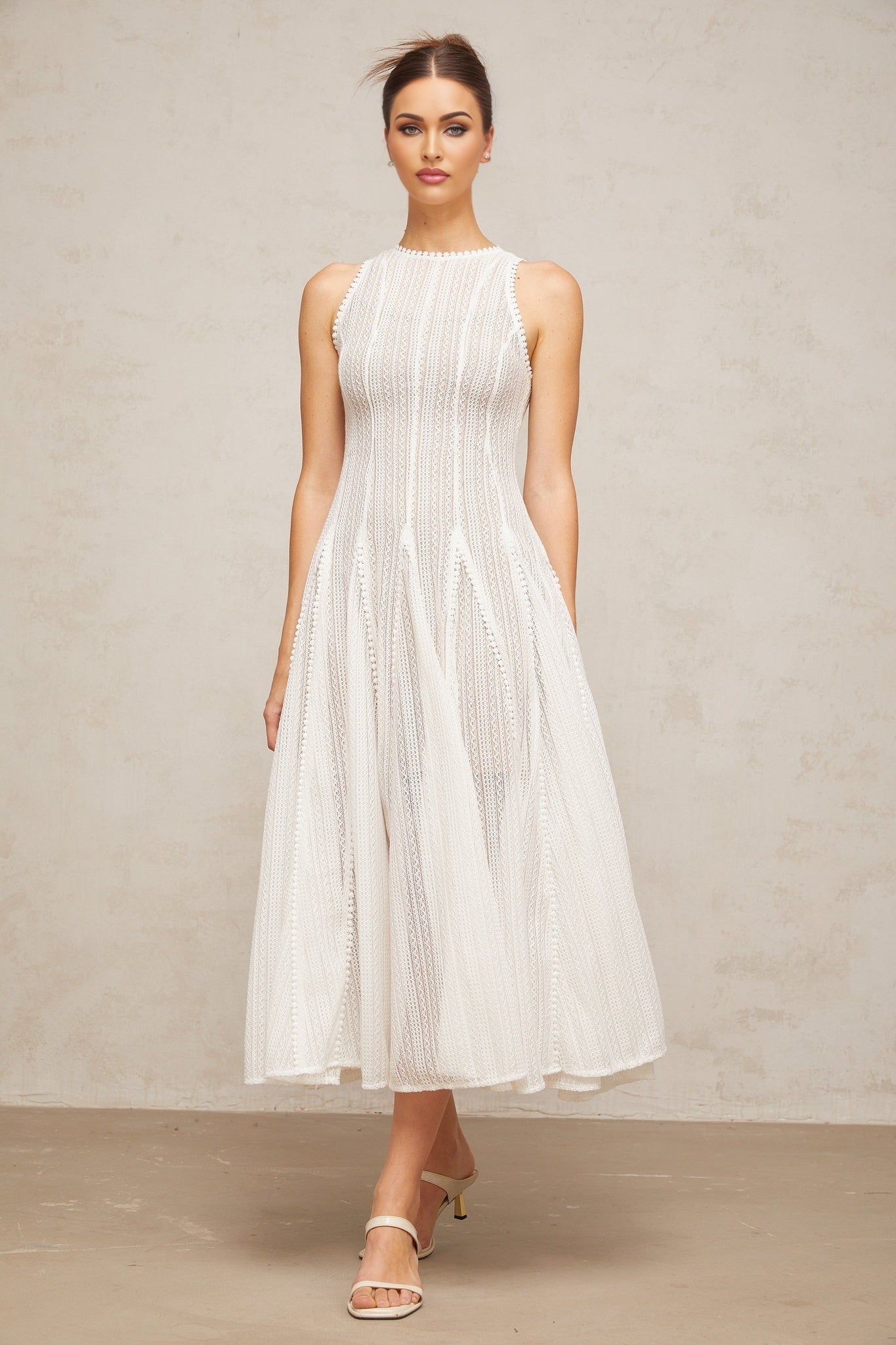 Agnolina Midi Dress - Crochet Knit - Sleeveless - Puff Skirt - Godet Design