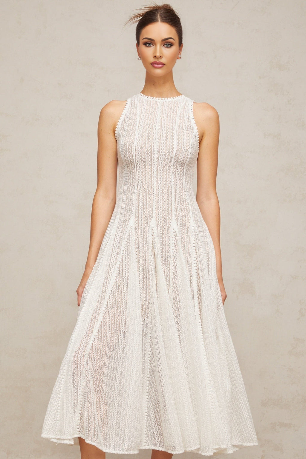 Agnolina Midi Dress - Crochet Knit - Sleeveless - Puff Skirt - Godet Design