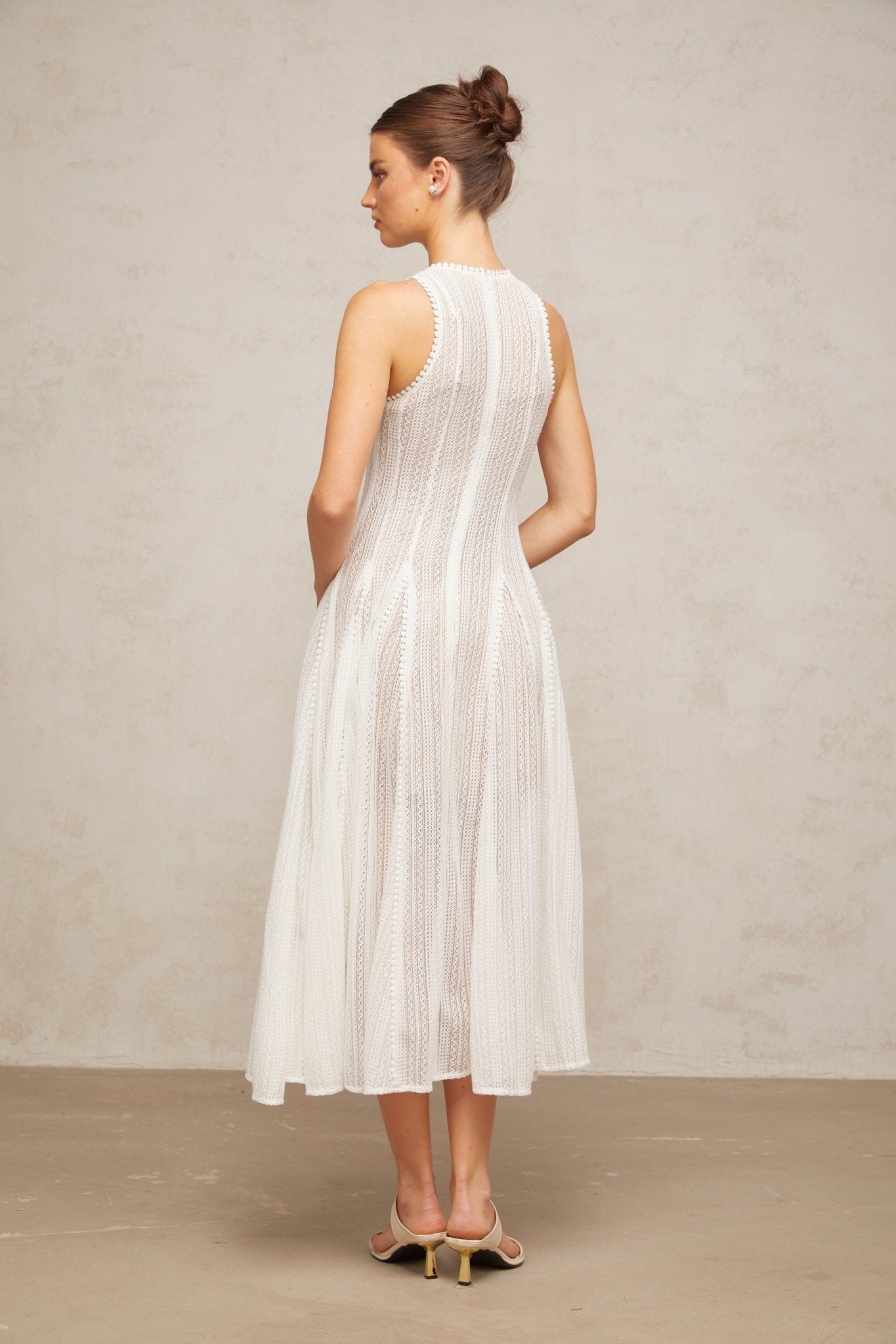 Agnolina Midi Dress - Crochet Knit - Sleeveless - Puff Skirt - Godet Design