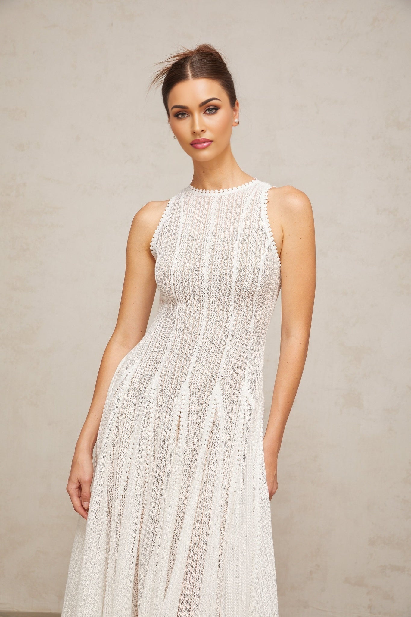 Agnolina Midi Dress - Crochet Knit - Sleeveless - Puff Skirt - Godet Design