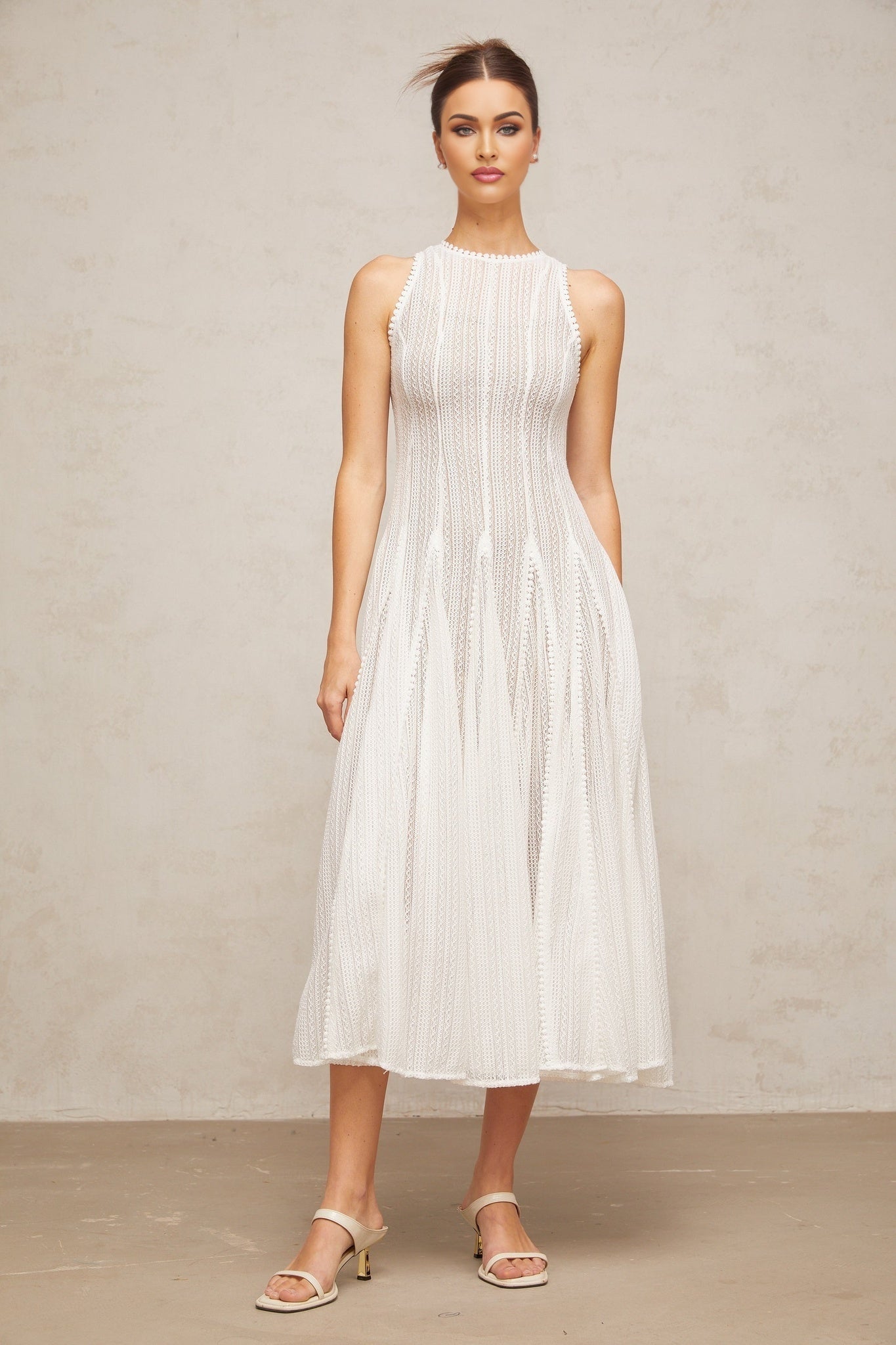 Agnolina Midi Dress - Crochet Knit - Sleeveless - Puff Skirt - Godet Design