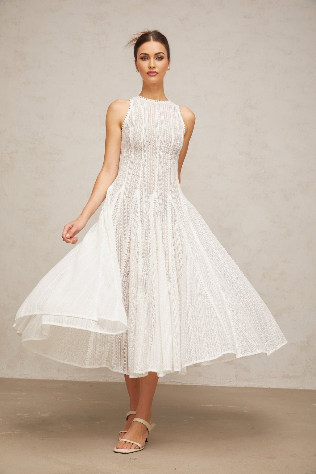 Agnolina Midi Dress - Crochet Knit - Sleeveless - Puff Skirt - Godet Design