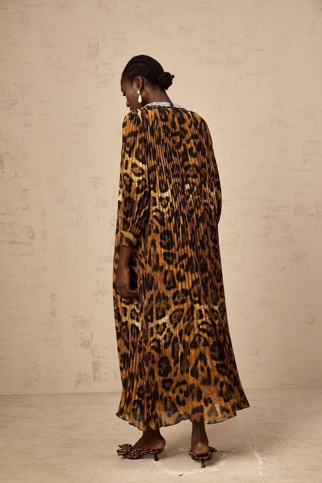 Agnolina Midi Dress - Leopard Print - Crystal Embellishment - Pleated - Long Sleeves - Keyhole Front