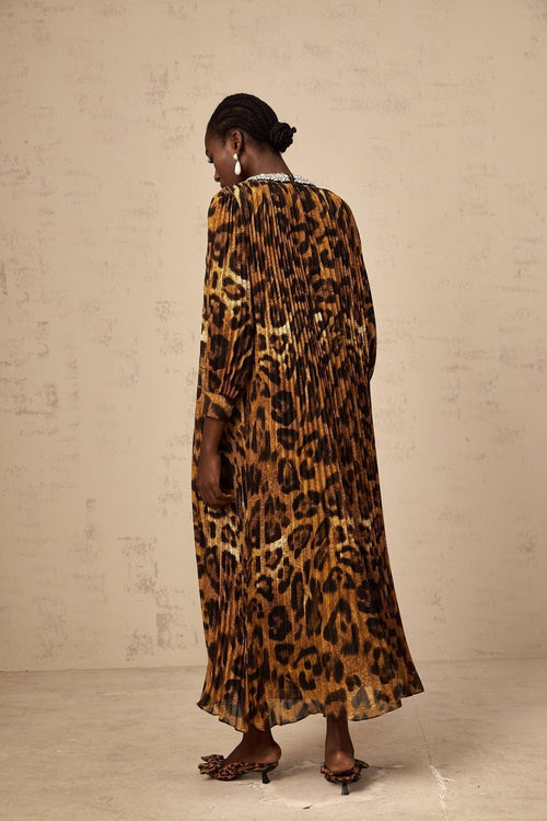 Agnolina Midi Dress - Leopard Print - Crystal Embellishment - Pleated - Long Sleeves - Keyhole Front