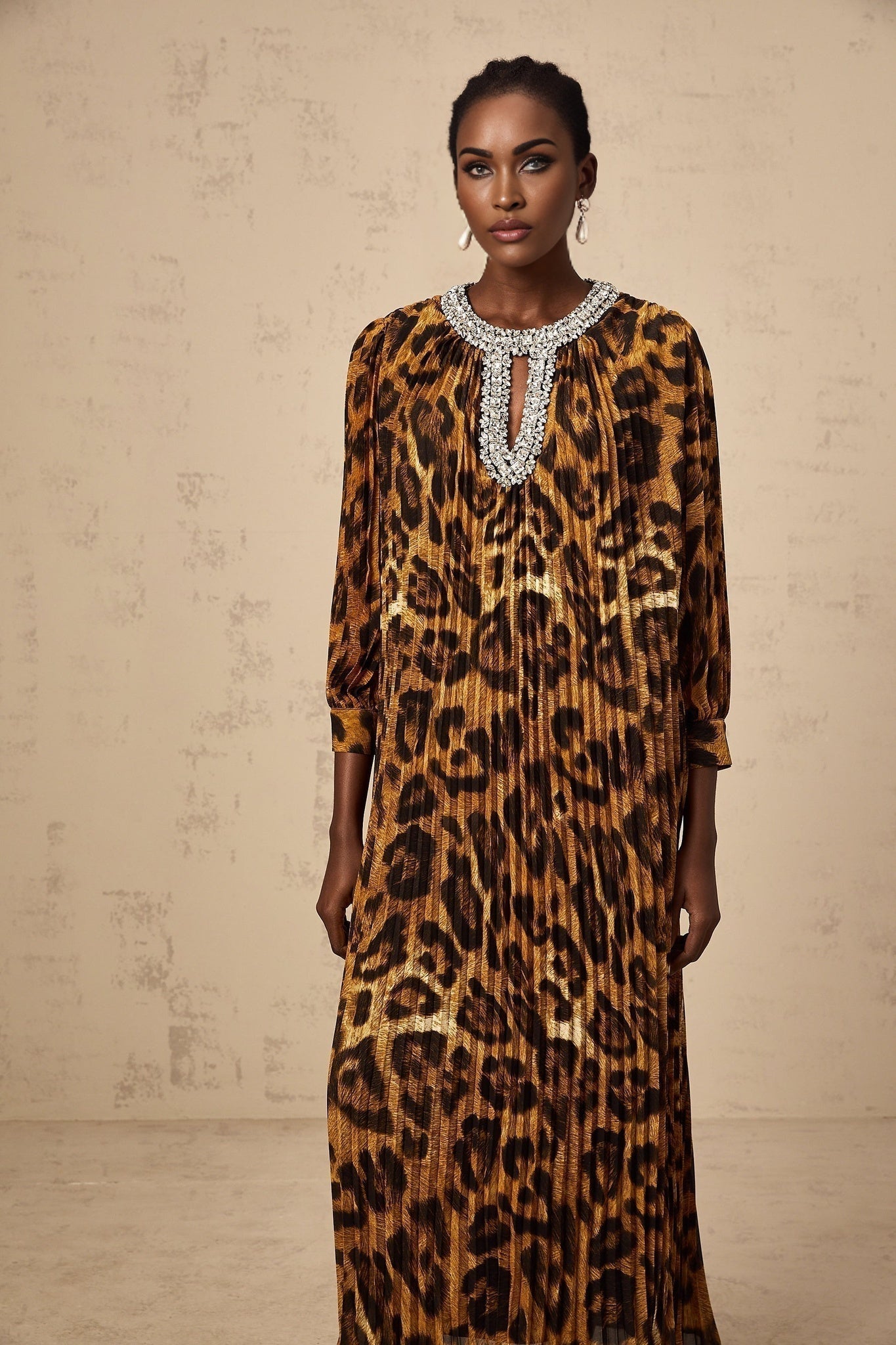 Agnolina Midi Dress - Leopard Print - Crystal Embellishment - Pleated - Long Sleeves - Keyhole Front