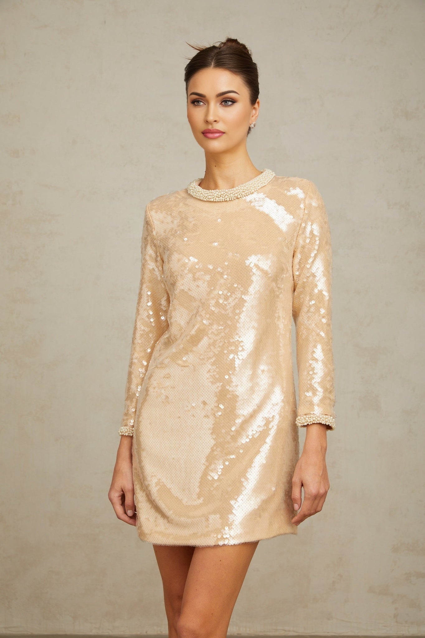 Agnolina Mini Dress – Crew Neck – Long Sleeves – Sequin Embellishment