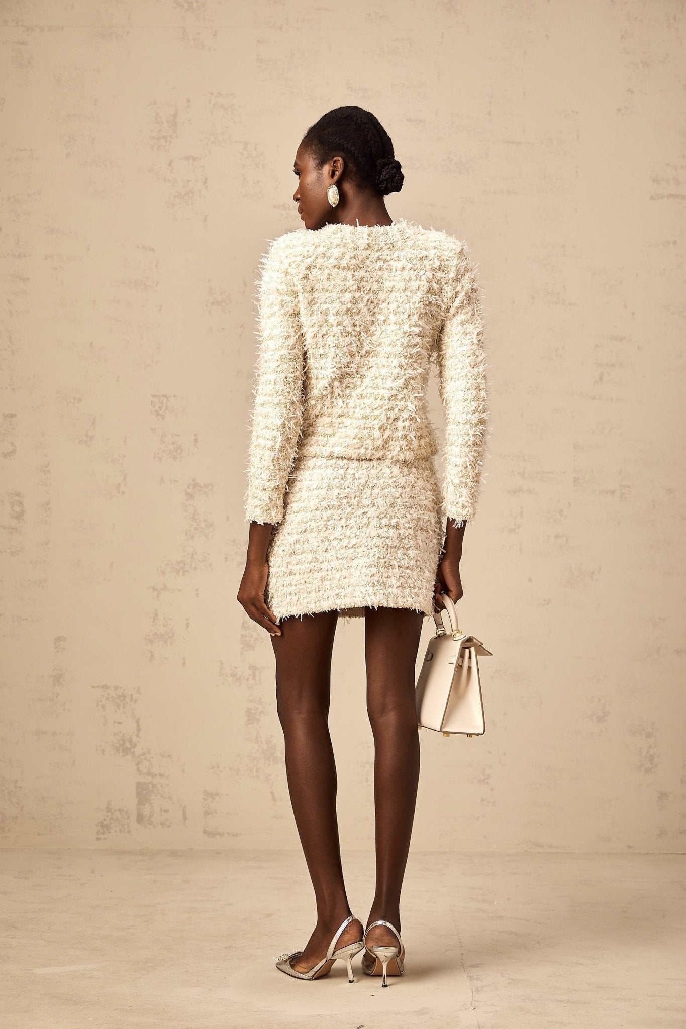 Aida Cardigan & Skirt Set - Knitted Metallic Threaded Design - Round Neck - Gold - Tone Buttons - A - line Silhouette