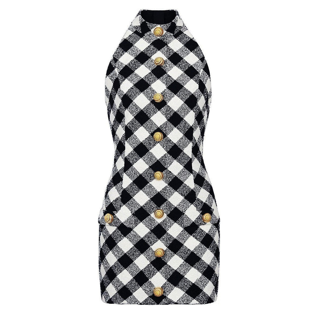 Aida Dress - Form - Fitting Halter Neckline - Plaid Pattern - Tailored Fit - Statement Gold Buttons