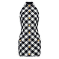 Aida Dress - Form - Fitting Halter Neckline - Plaid Pattern - Tailored Fit - Statement Gold Buttons