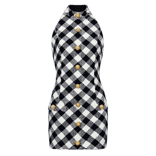 Aida Dress - Form - Fitting Halter Neckline - Plaid Pattern - Tailored Fit - Statement Gold Buttons