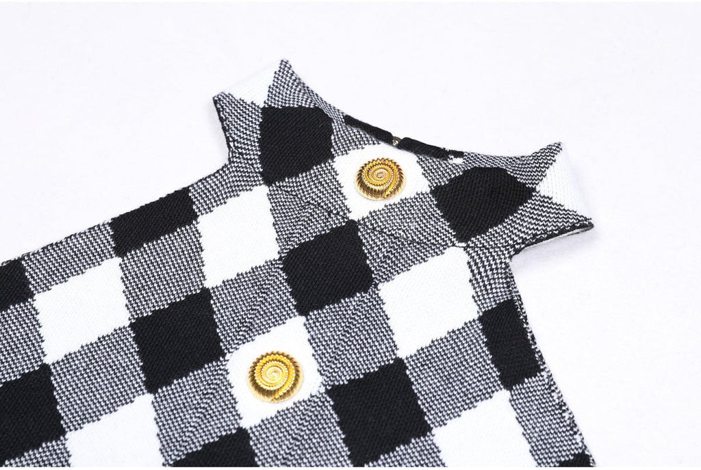 Aida Dress - Form - Fitting Halter Neckline - Plaid Pattern - Tailored Fit - Statement Gold Buttons
