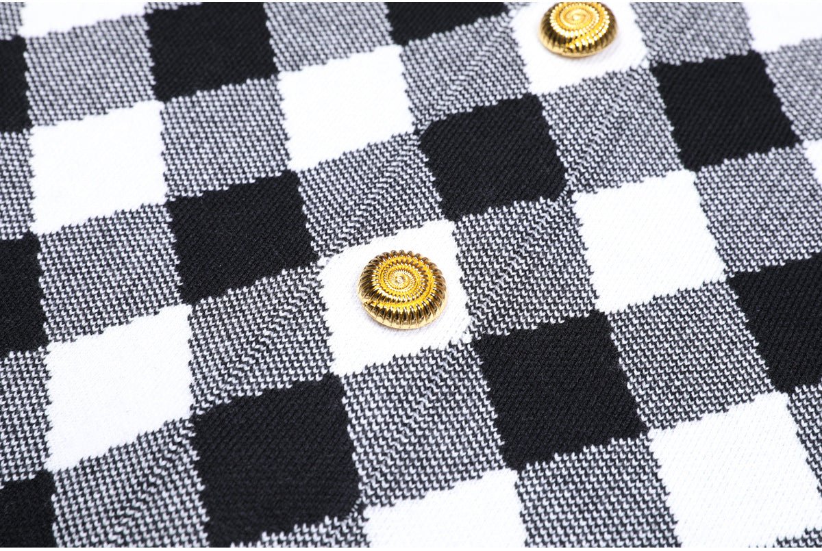 Aida Dress - Form - Fitting Halter Neckline - Plaid Pattern - Tailored Fit - Statement Gold Buttons