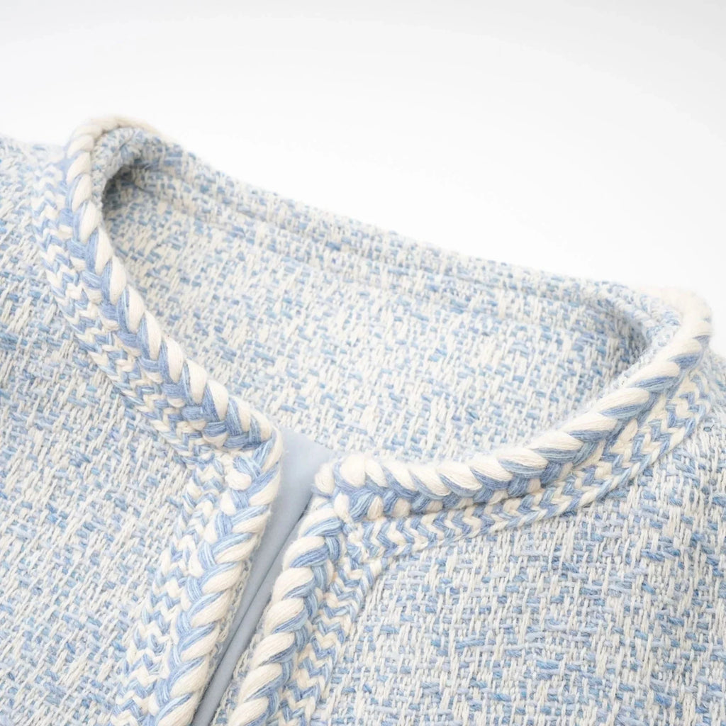 Aida Jacket - Round Neck - Tweed - Golden Button Detailing - Panelled Construction