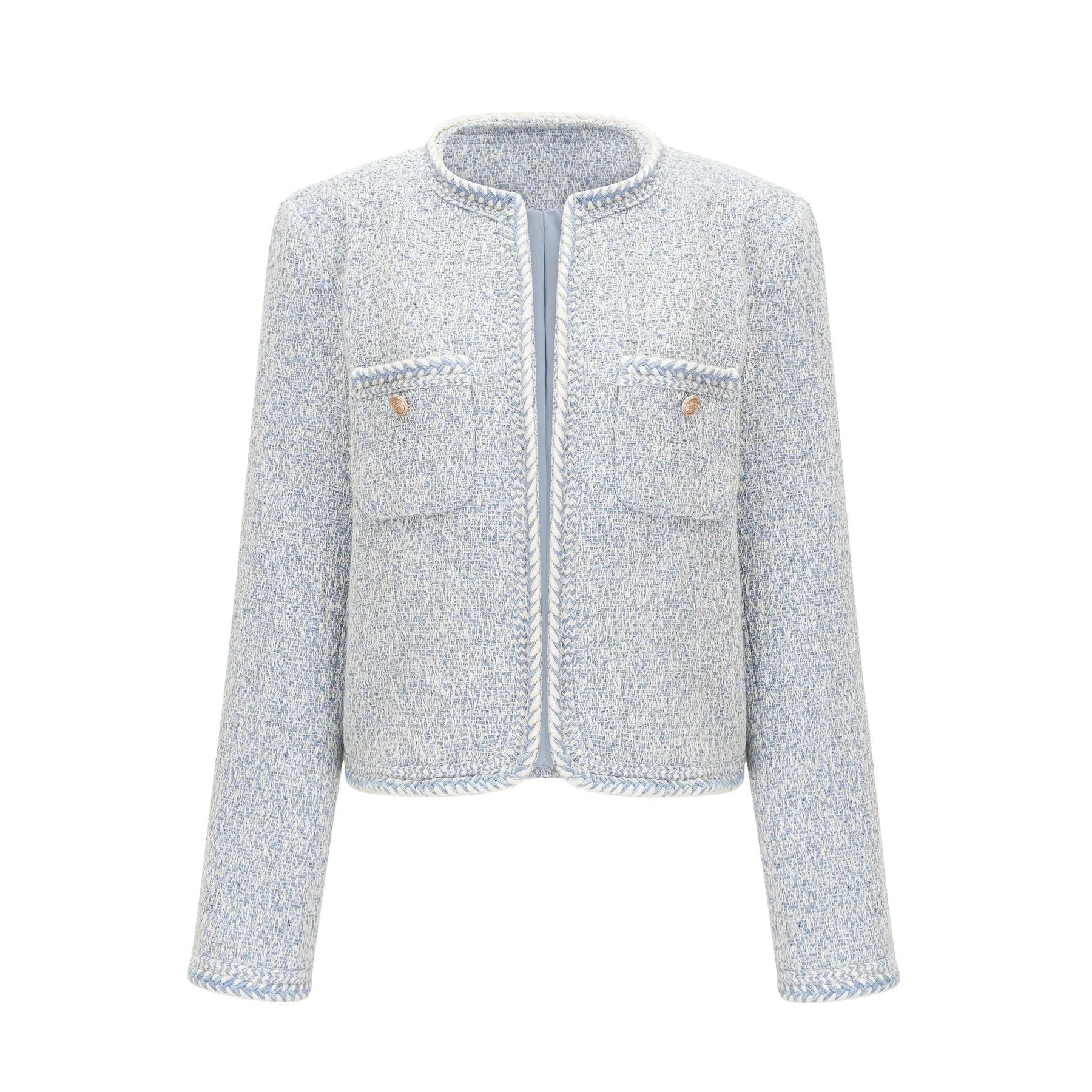 Aida Jacket - Round Neck - Tweed - Golden Button Detailing - Panelled Construction