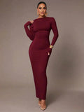 Aida Maxi Dress - Refined Style - Formal & Evening Occasion - Slim Fit - High Waist Line - Knitted Fabric - Long Sleeve - Boat Neck