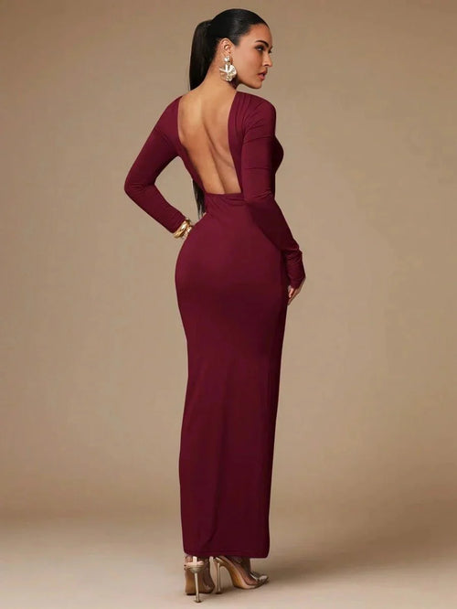 Aida Maxi Dress - Refined Style - Formal & Evening Occasion - Slim Fit - High Waist Line - Knitted Fabric - Long Sleeve - Boat Neck