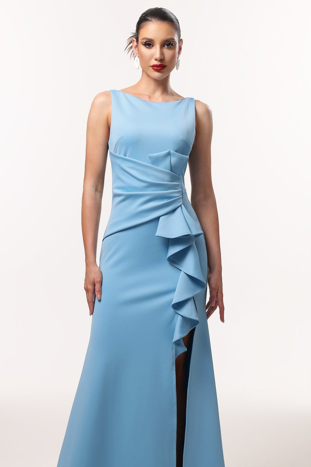 Ainsley Blue Elegant Sophisticated Dress Special Occasion High Slit Sleeveless Ruffle Detailing Luxury Fit Feel Gala Wedding Formal Dinner