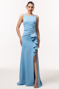 Ainsley Blue Elegant Sophisticated Dress with High Slit and Ruffle Detailing