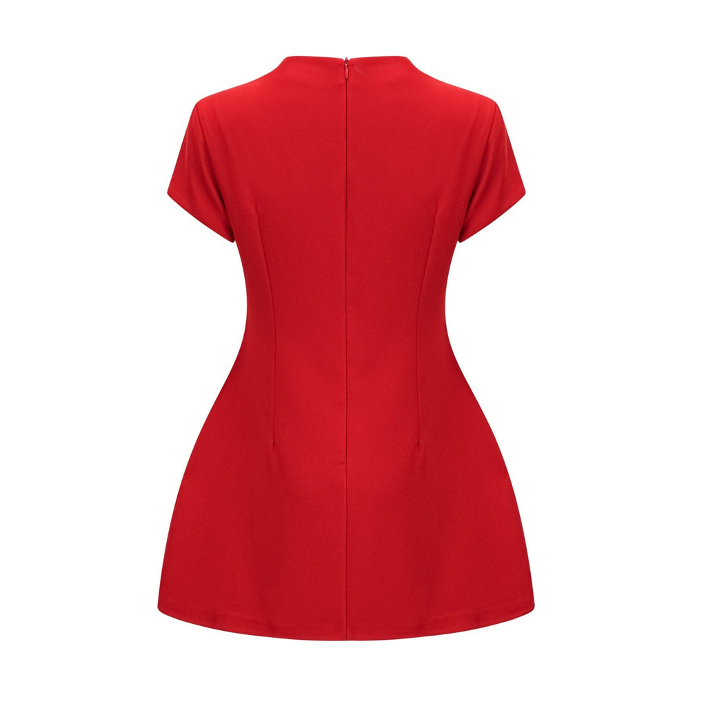 Ainsley Mini Dress - Crew Neck - Cap Sleeves - Cinched Waist - Faux Flap Pockets