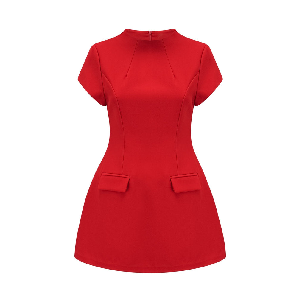 Ainsley Mini Dress - Crew Neck - Cap Sleeves - Cinched Waist - Faux Flap Pockets