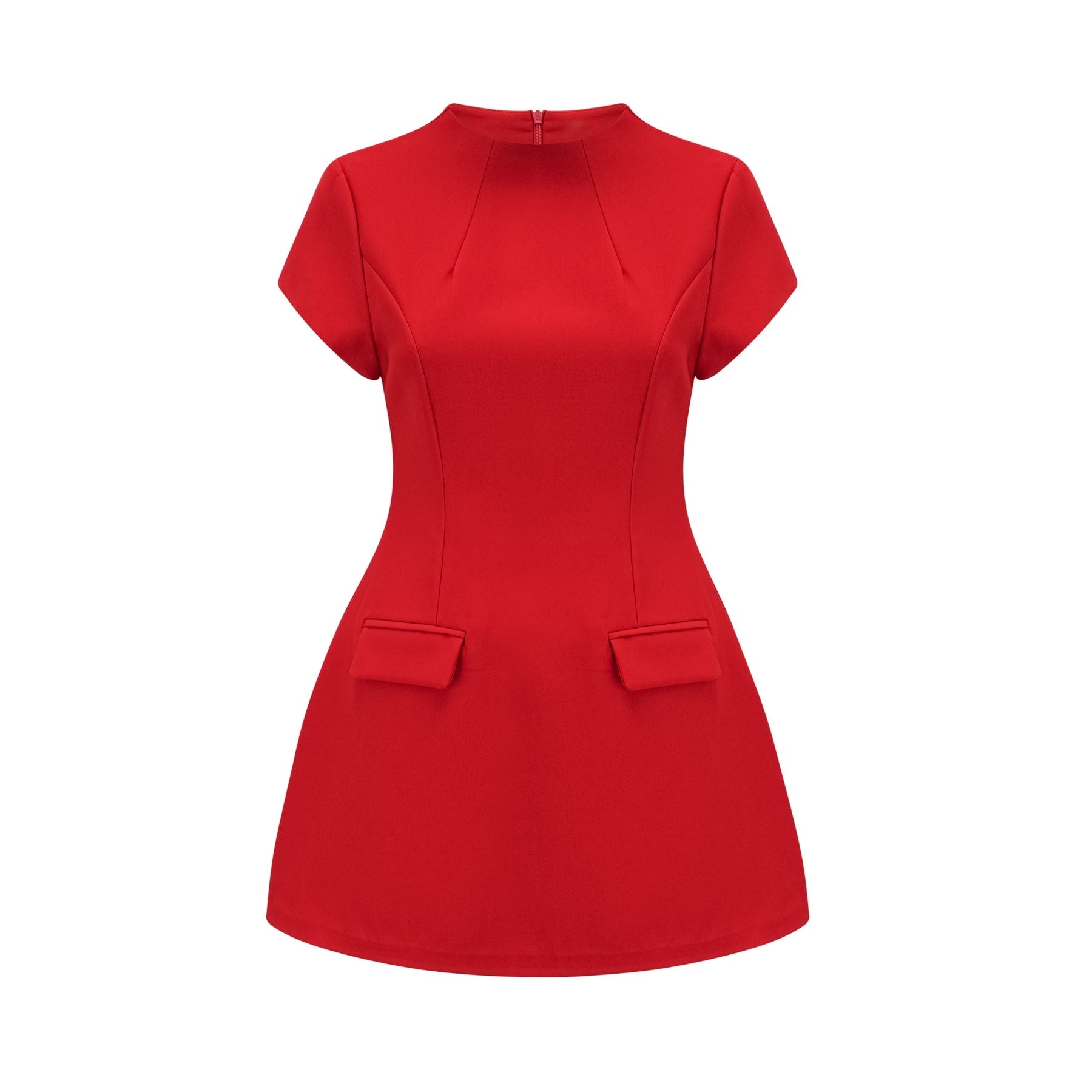 Ainsley Mini Dress - Crew Neck - Cap Sleeves - Cinched Waist - Faux Flap Pockets
